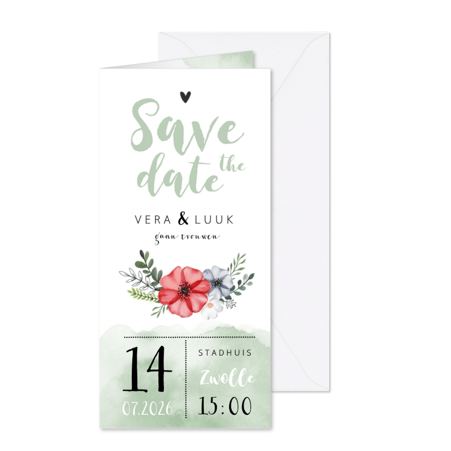 Save the date waterverf bloemen stijlvol foto groen hartje - Kaartimpressie