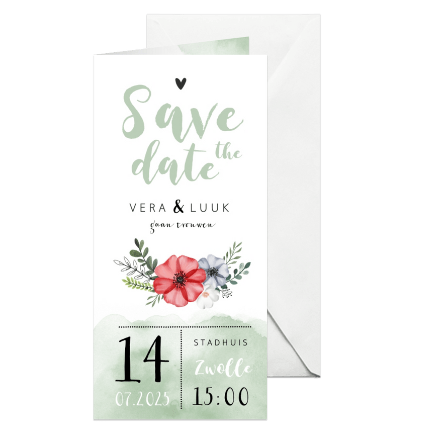 Save the date waterverf bloemen stijlvol foto groen hartje - Kaartimpressie