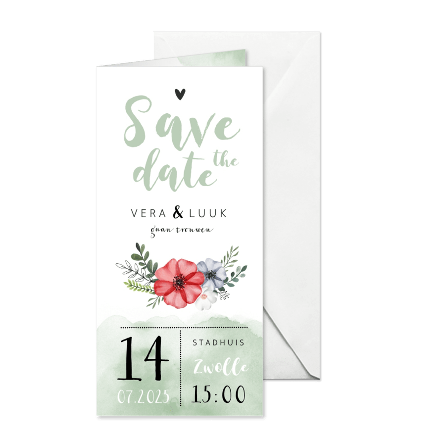 Save the date waterverf bloemen stijlvol foto groen hartje - Kaartimpressie