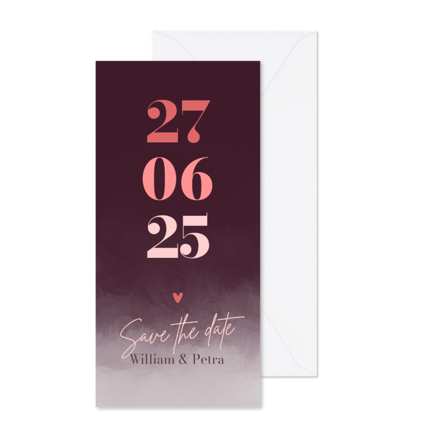 Save the date waterverf rood paars - Kaartimpressie
