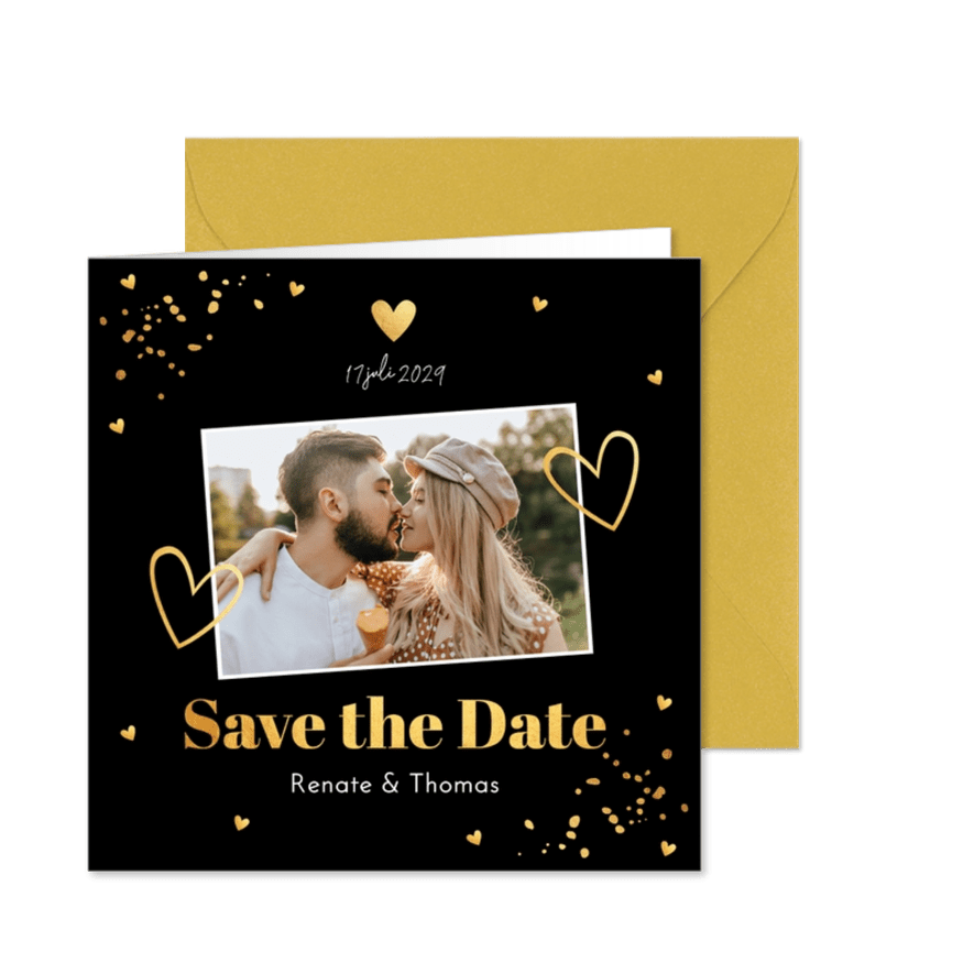 Save the Date zwart goud met foto hartjes - Kaartimpressie