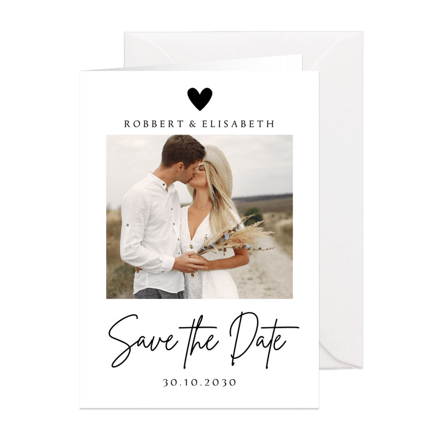 Save the Date zwart wit eigen foto - Kaartimpressie