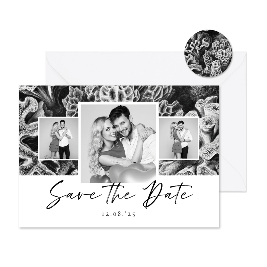 Save the Date zwart wit stijlvol foto natuur kunst koraal - Kaartimpressie
