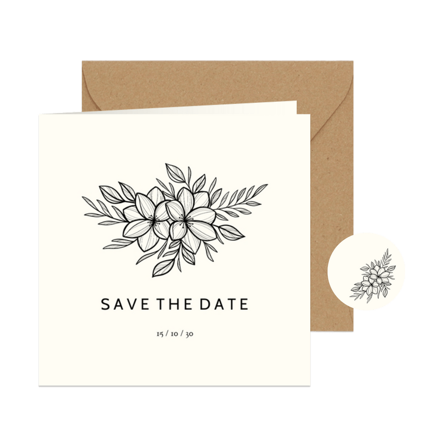 Save the date zwarte lijntekening van bloemen aanpasbaar - Kaartimpressie