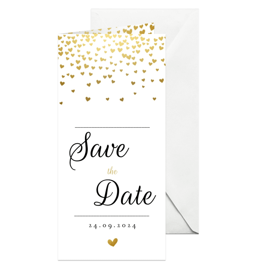 Save the datekaart met gouden hartjesregen - Kaartimpressie