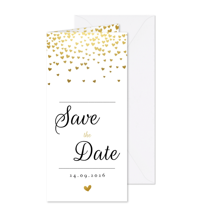 Save the datekaart met gouden hartjesregen - Kaartimpressie