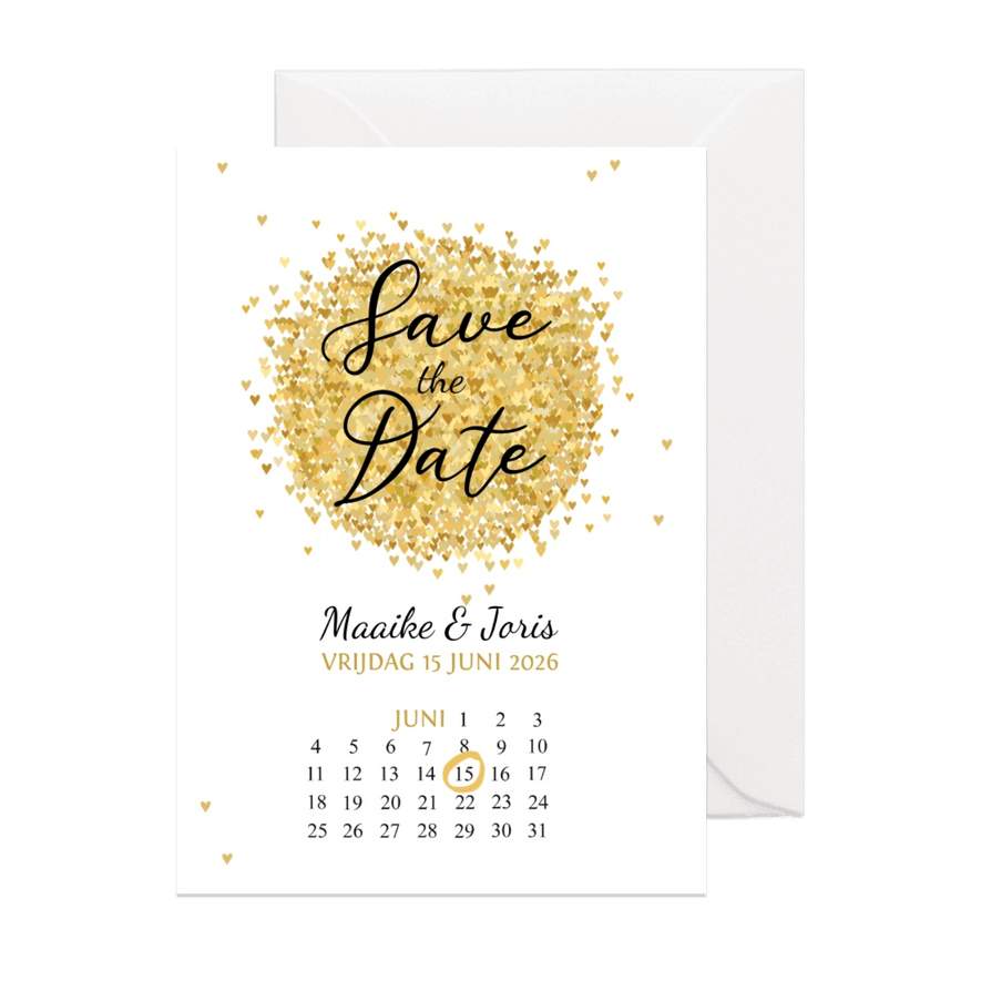 SavetheDate gouden hartjes rond - Kaartimpressie