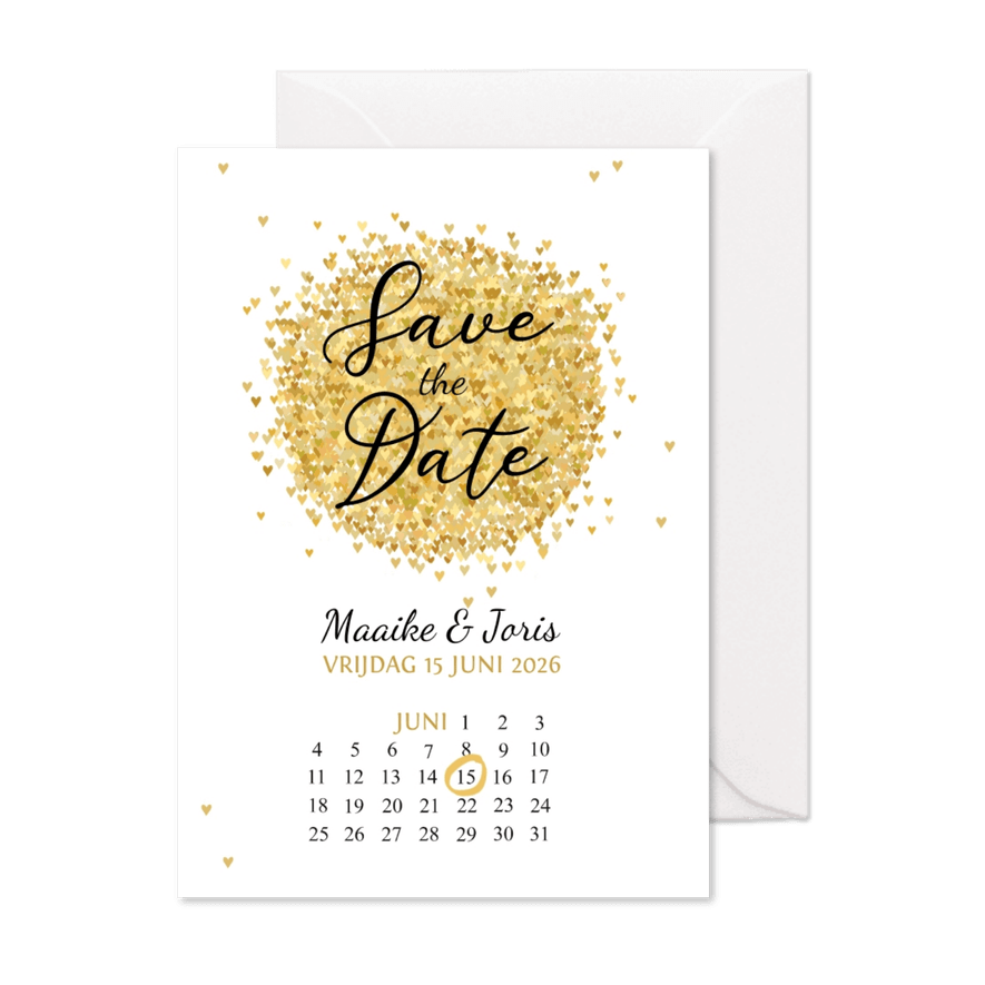 SavetheDate gouden hartjes rond - Kaartimpressie