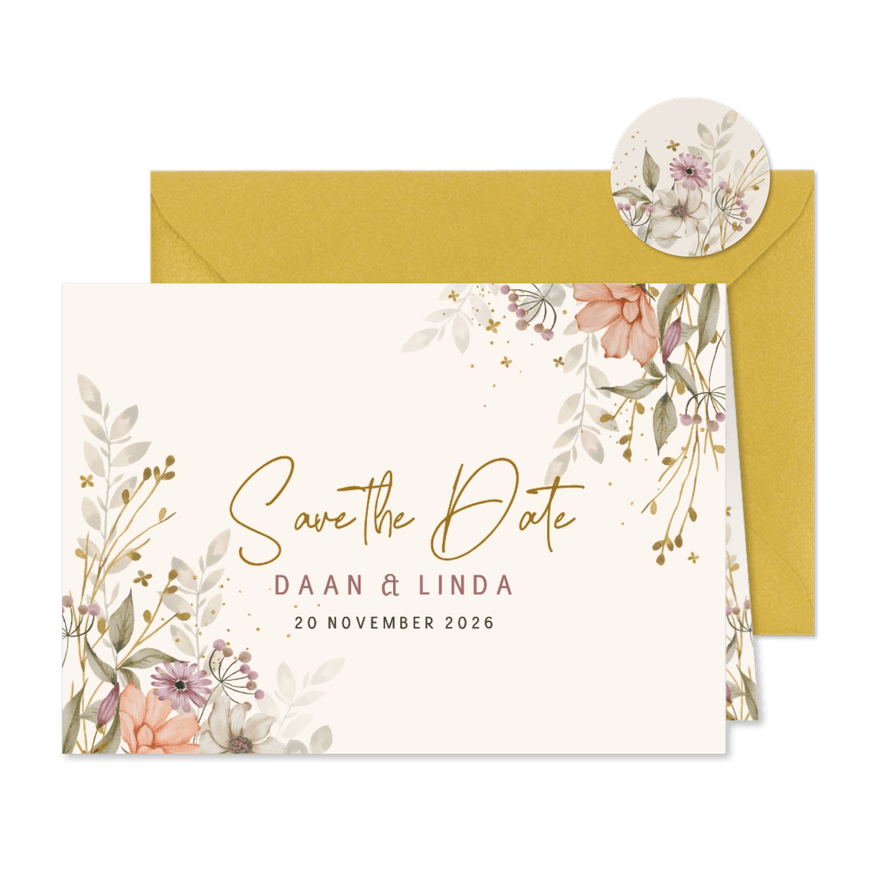 SavetheDate kaart bloemen in herfsttinten  - Kaartimpressie