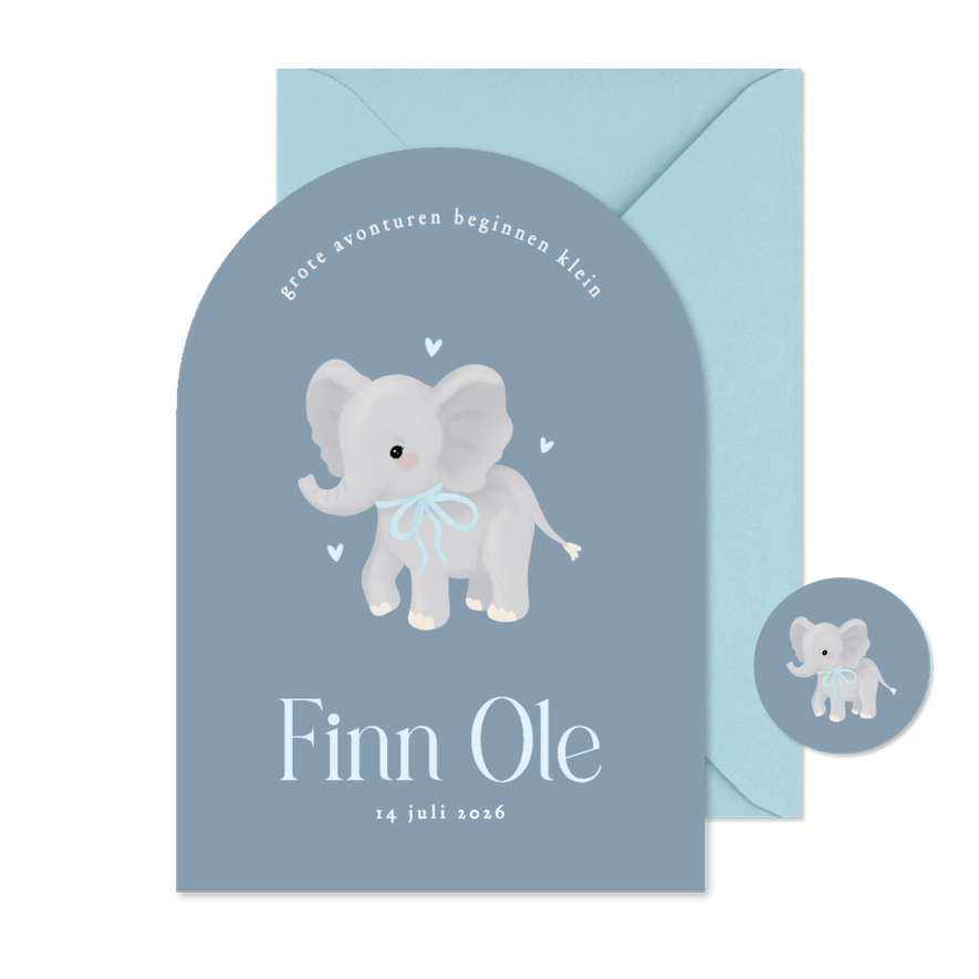 Schattig blauw geboortekaartje boog met olifantje jongen - Kaartimpressie