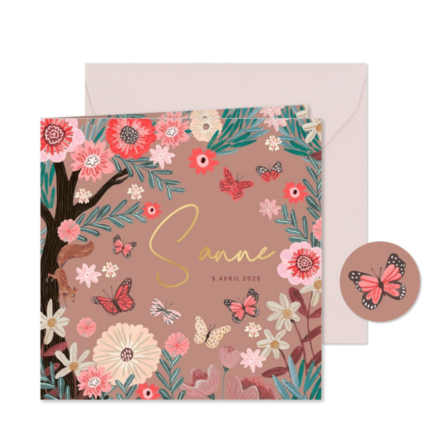 Schattig geboortekaartje boom bloemen en vlinders natuur - Kaartimpressie