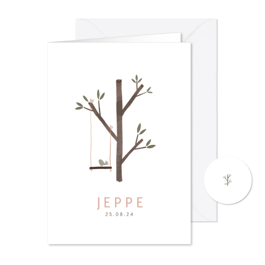 Schattig geboortekaartje boom schommel vogel - Kaartimpressie