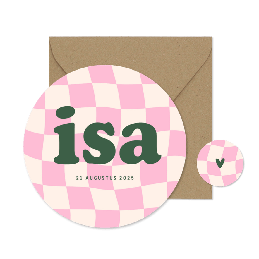 Schattig geboortekaartje cirkel met groovy blokjes roze - Kaartimpressie