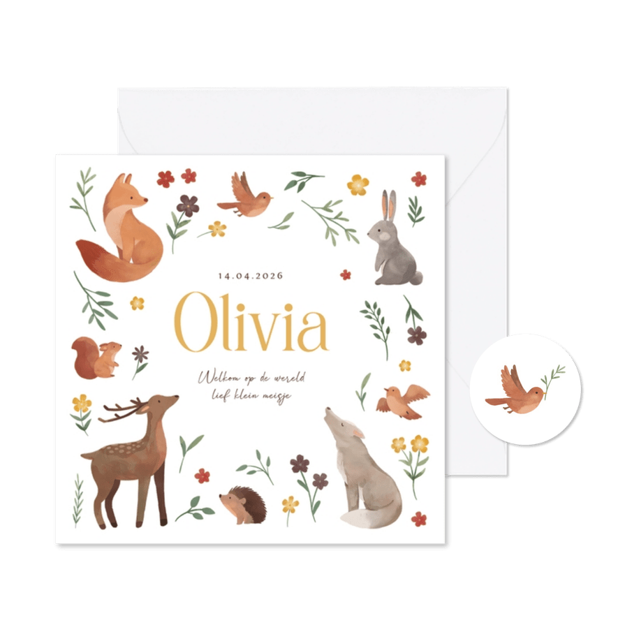Schattig geboortekaartje dieren bloemen bos - Kaartimpressie