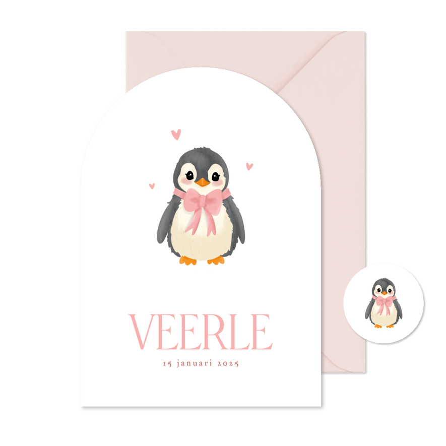 Schattig geboortekaartje meisje met pinguin boogvorm - Kaartimpressie