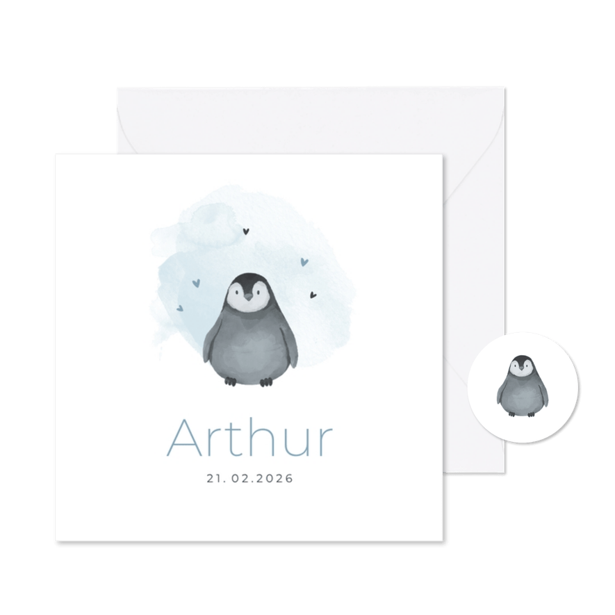 Schattig geboortekaartje met baby pinguïn en waterverf - Kaartimpressie