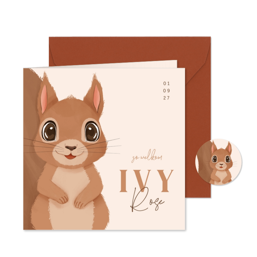 Schattig geboortekaartje met eekhoorn links - Kaartimpressie
