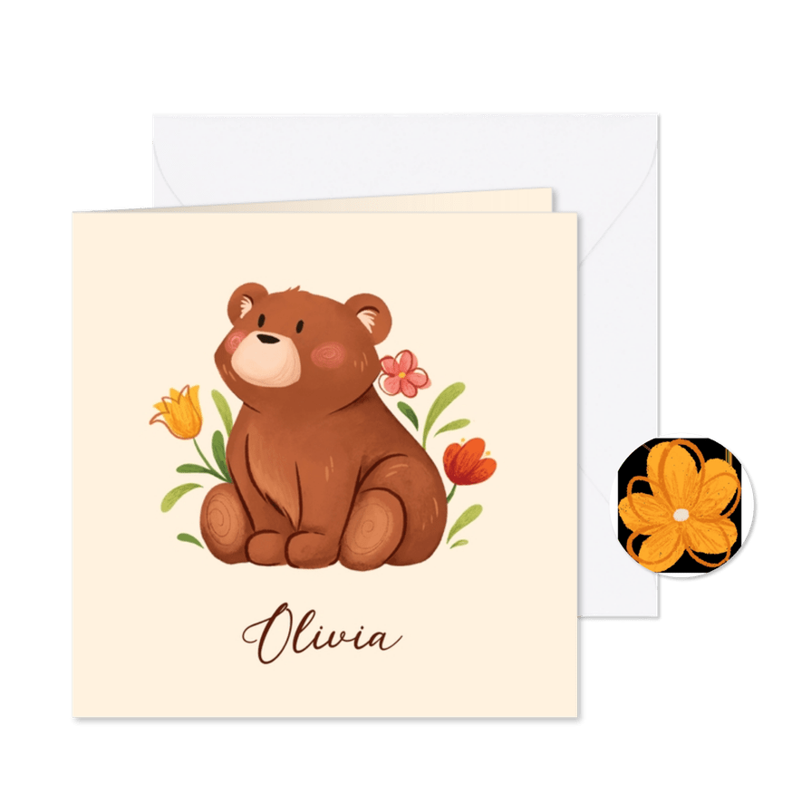 Schattig geboortekaartje met een beer en bloemetjes - Kaartimpressie