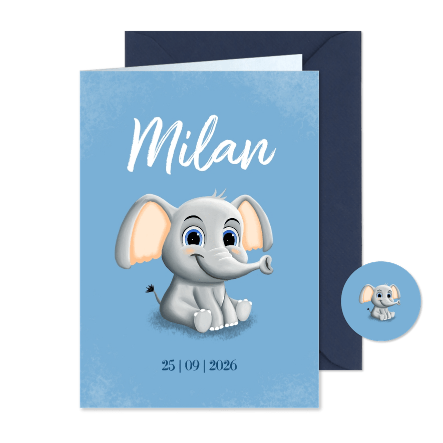 Schattig geboortekaartje met klein olifantje op de voorkant - Kaartimpressie