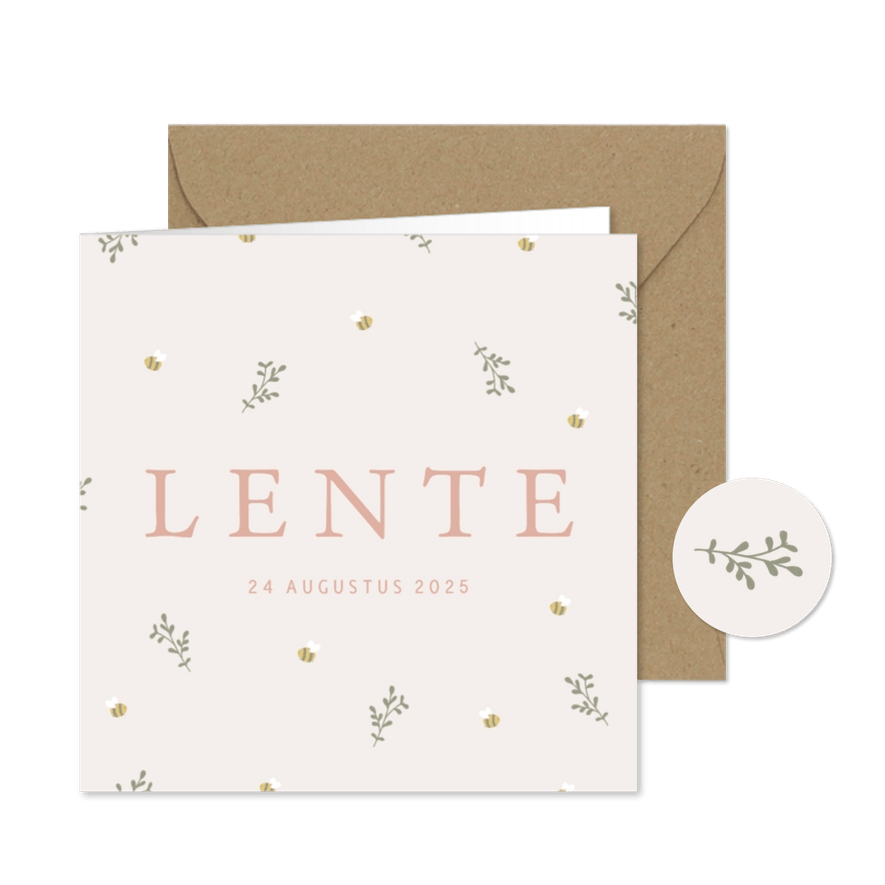 Schattig geboortekaartje met takjes en bijtjes - Kaartimpressie