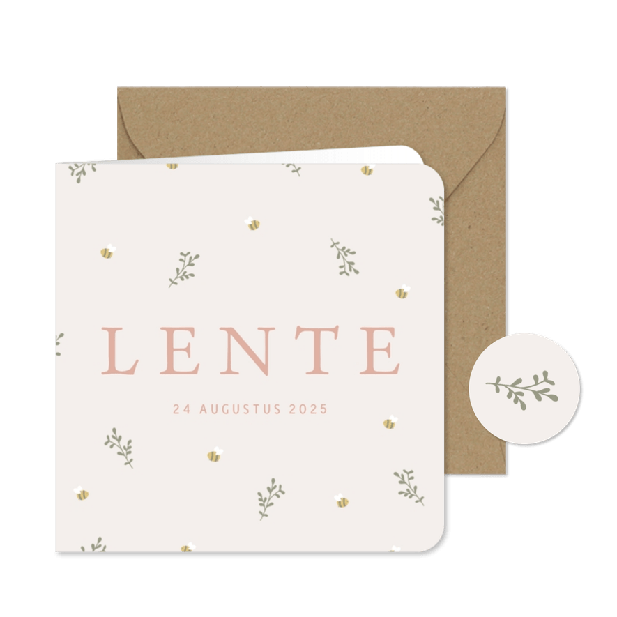 Schattig geboortekaartje met takjes en bijtjes - Kaartimpressie