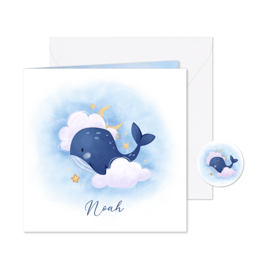 Schattig geboortekaartje met walvis wolken en sterren - Kaartimpressie