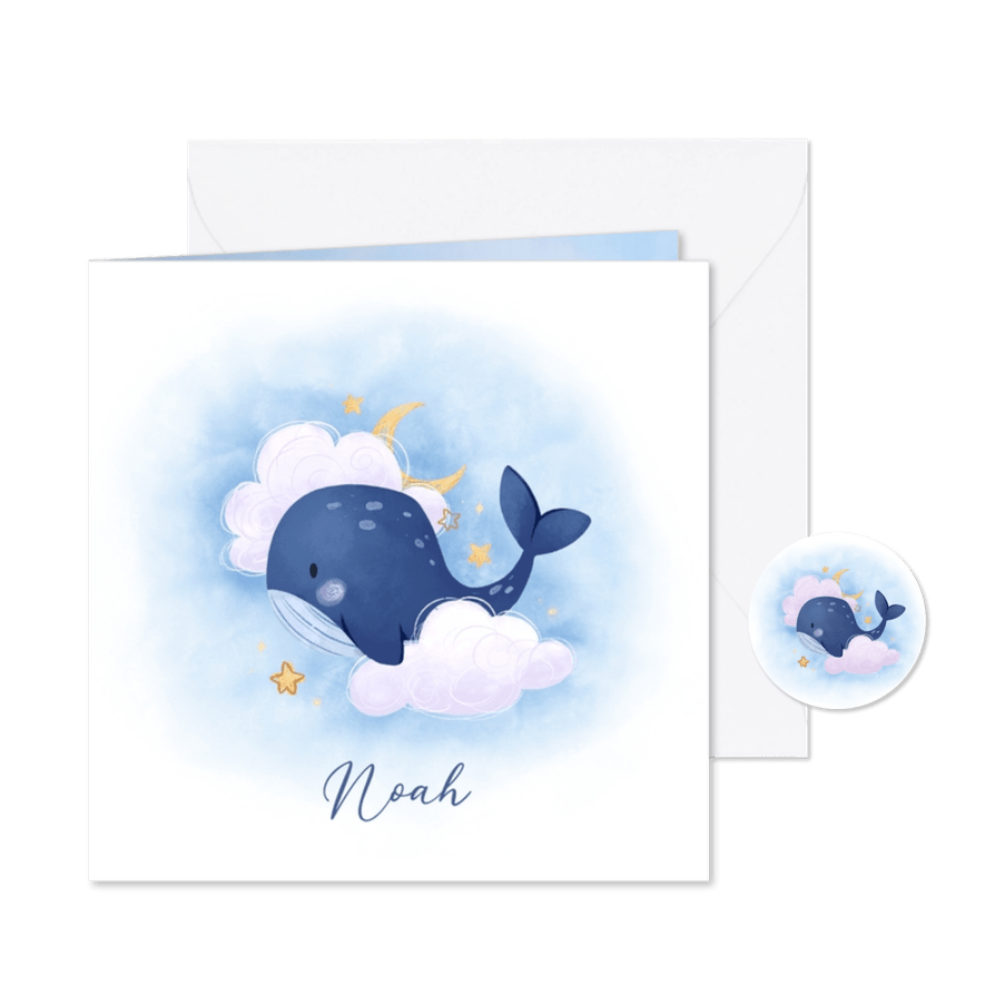 Schattig geboortekaartje met walvis wolken en sterren - Kaartimpressie