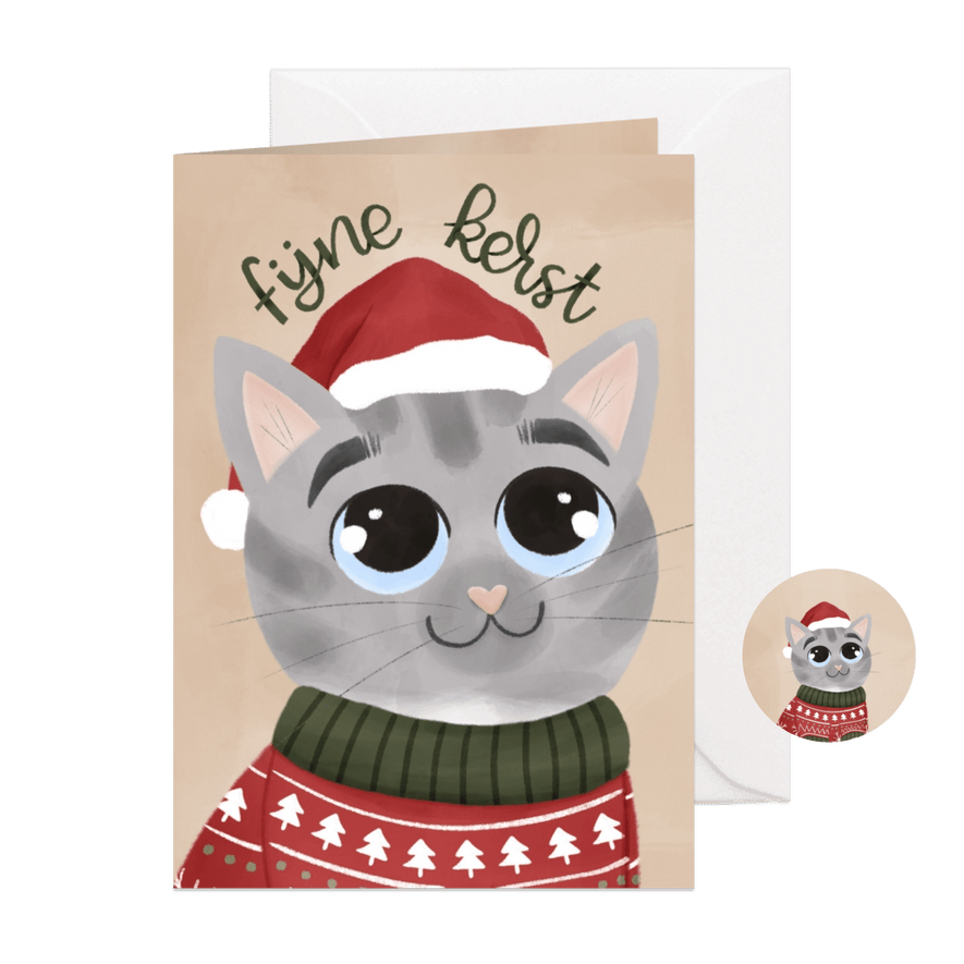 Schattig kerstkaartje kat met kersttrui fijne kerst - Kaartimpressie