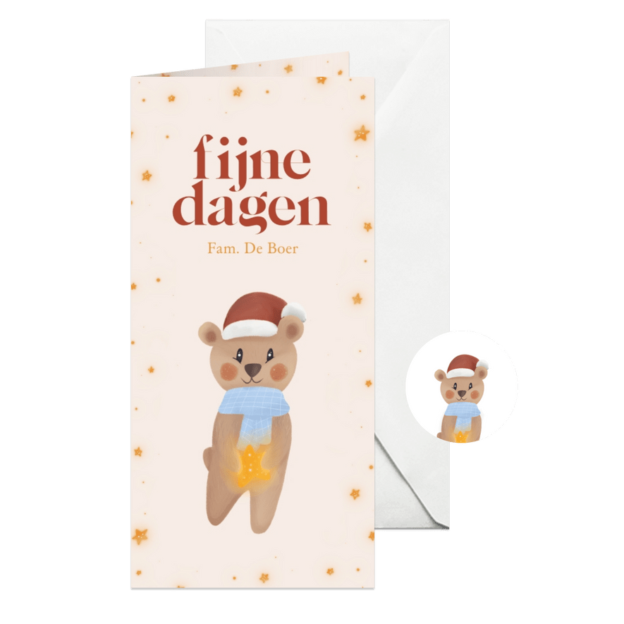 Schattig kerstkaartje met beertje en sterretjes - Kaartimpressie