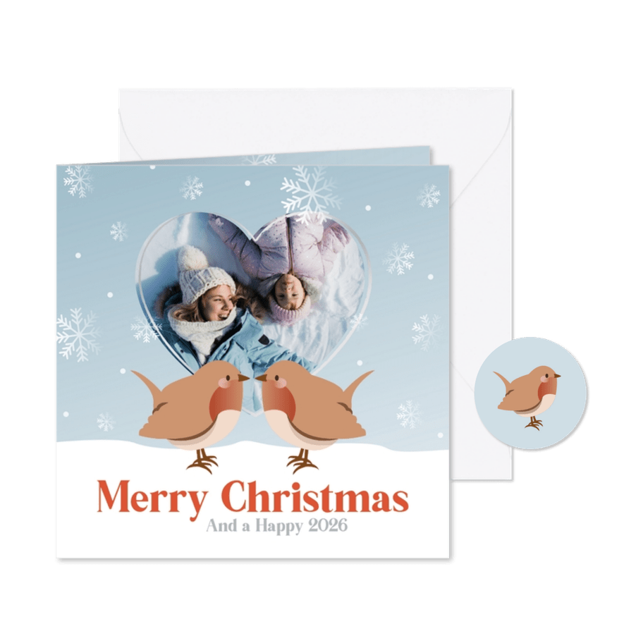 Schattig kerstkaartje met foto hart en vogeltjes - Kaartimpressie