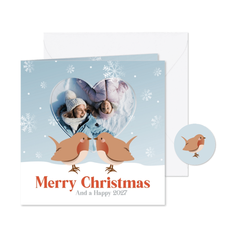 Schattig kerstkaartje met foto hart en vogeltjes - Kaartimpressie