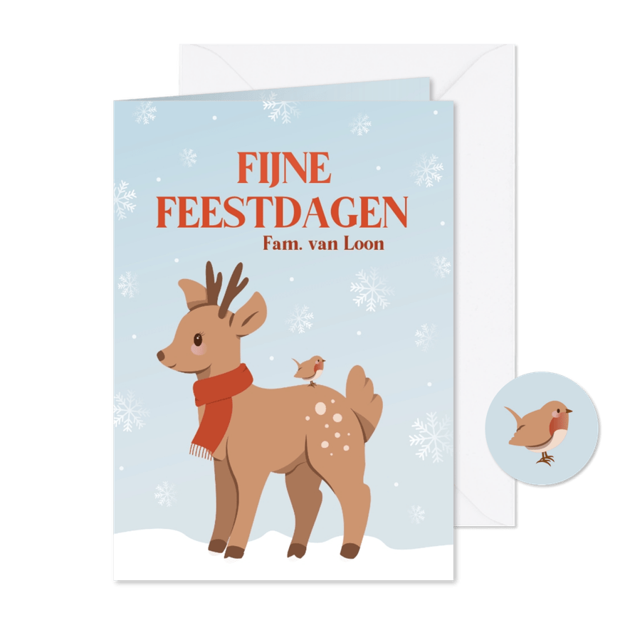 Schattig kerstkaartje met hertje en vogel lichtblauw - Kaartimpressie