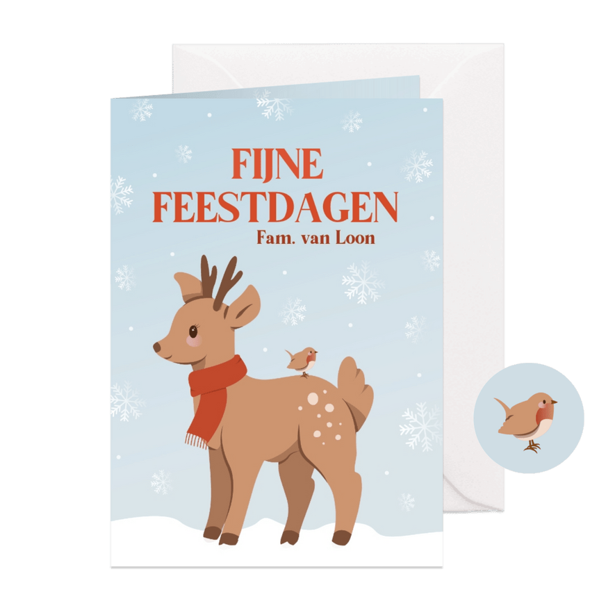 Schattig kerstkaartje met hertje en vogel lichtblauw - Kaartimpressie