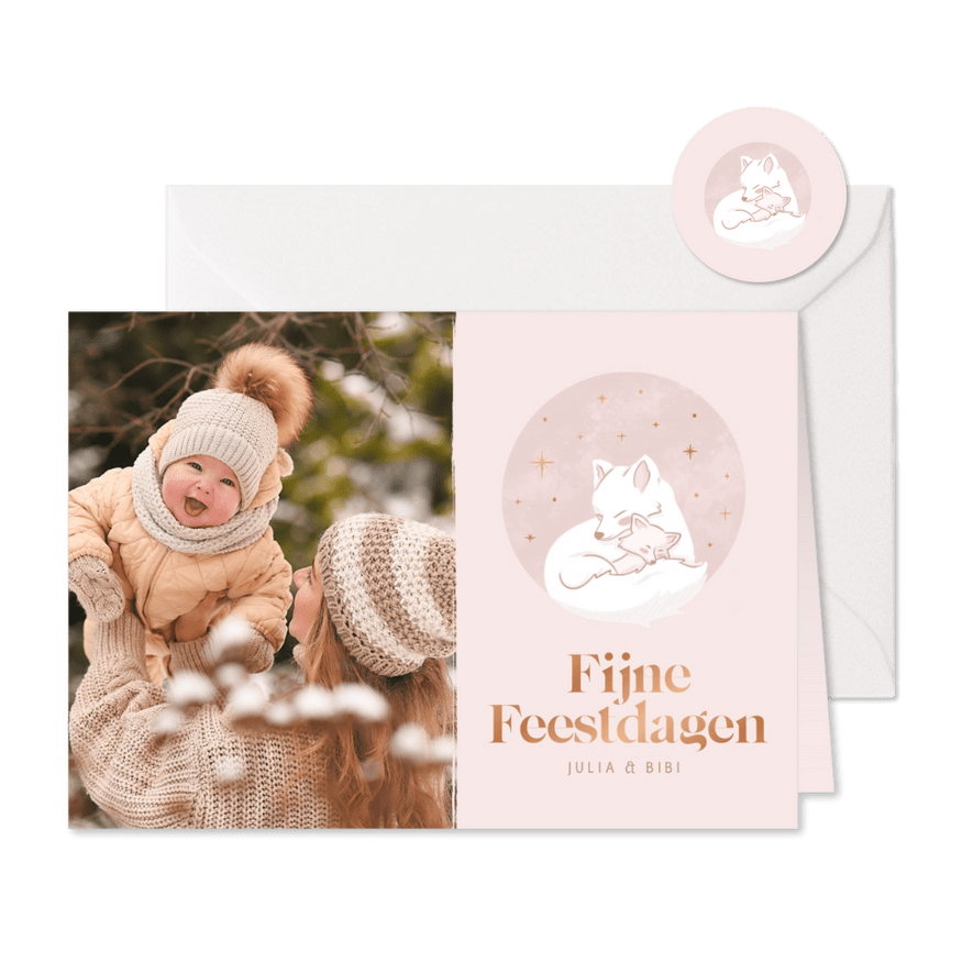 Schattig kerstkaartje met poolvosje en baby in roze - Kaartimpressie