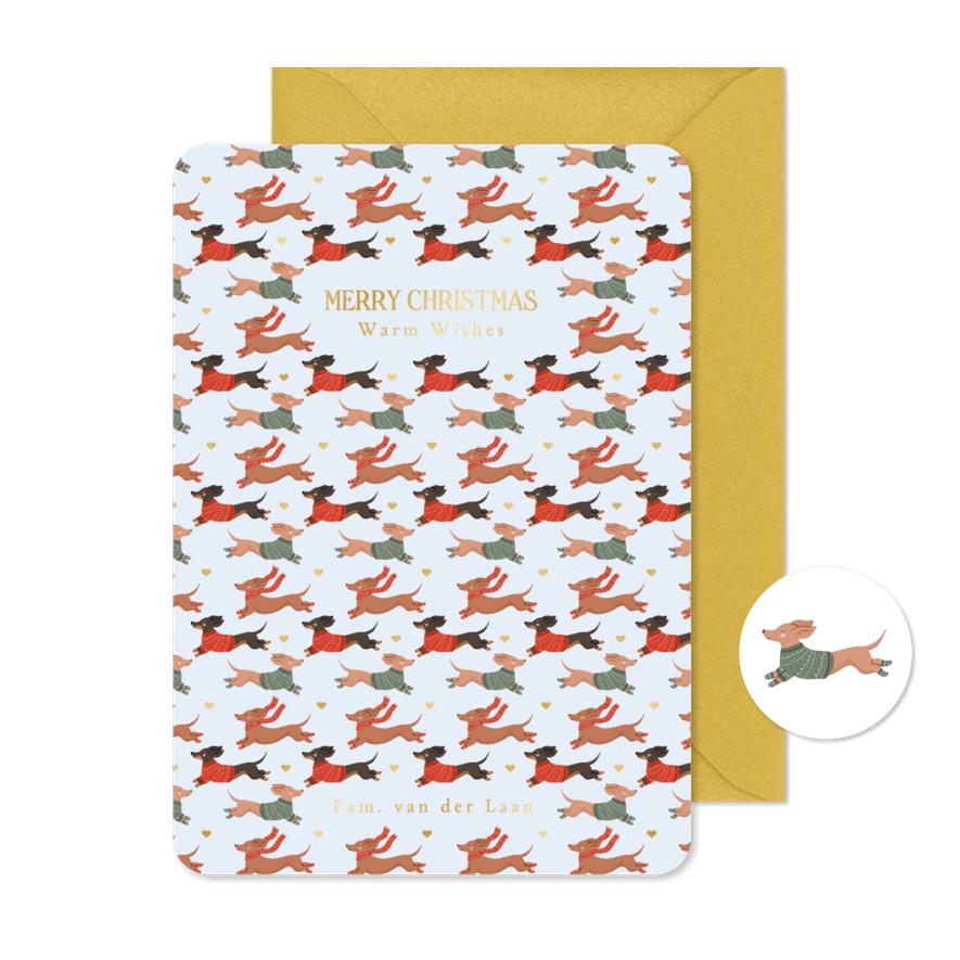 Schattig kerstkaartje met teckel patroon en gouden hartjes - Kaartimpressie