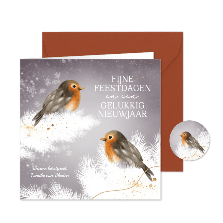 Schattig kerstkaartje roodborstjes in de winter - Kaartimpressie