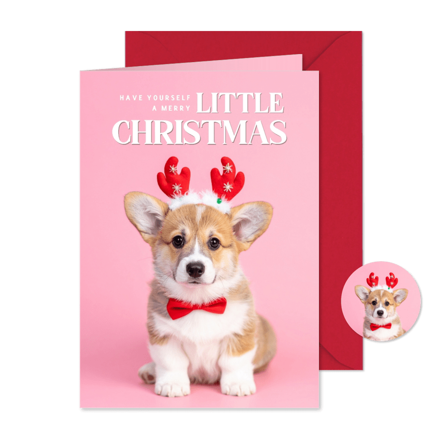 Schattig kerstkaartje roze met corgi puppy - Kaartimpressie