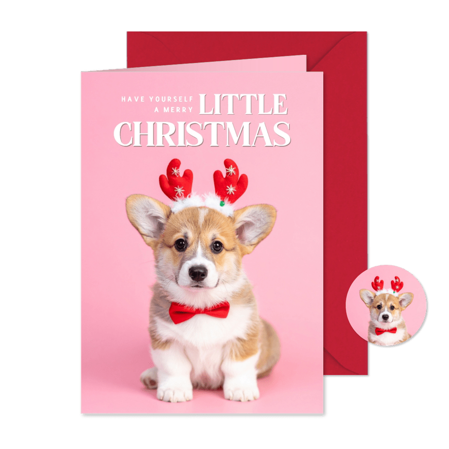 Schattig kerstkaartje roze met corgi puppy - Kaartimpressie