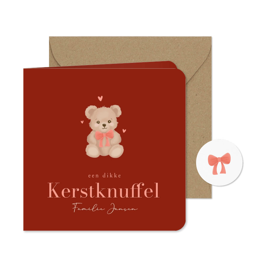 Schattig rood kerstkaartje met teddybeer kerstknuffel - Kaartimpressie