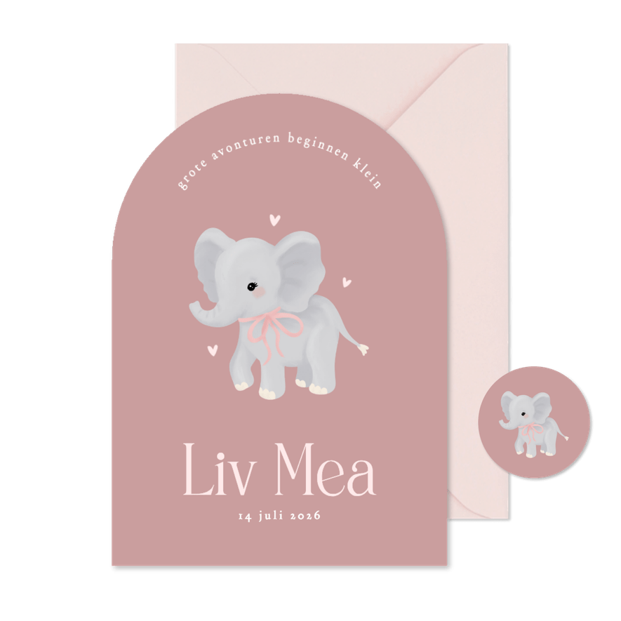 Schattig roze geboortekaartje boog met olifantje meisje - Kaartimpressie
