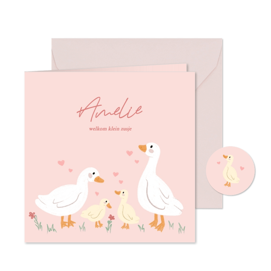 Schattig roze geboortekaartje met eendjes voor zusje - Kaartimpressie