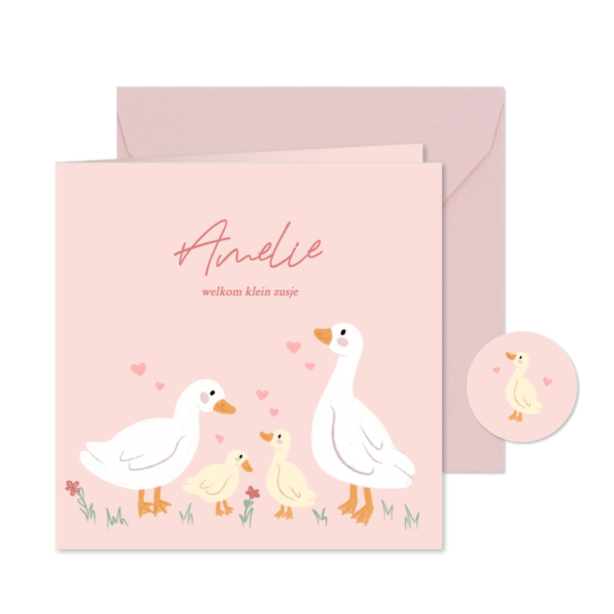 Schattig roze geboortekaartje met eendjes voor zusje - Kaartimpressie