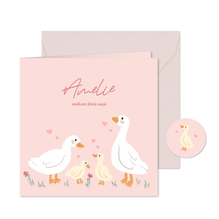 Schattig roze geboortekaartje met eendjes voor zusje - Kaartimpressie
