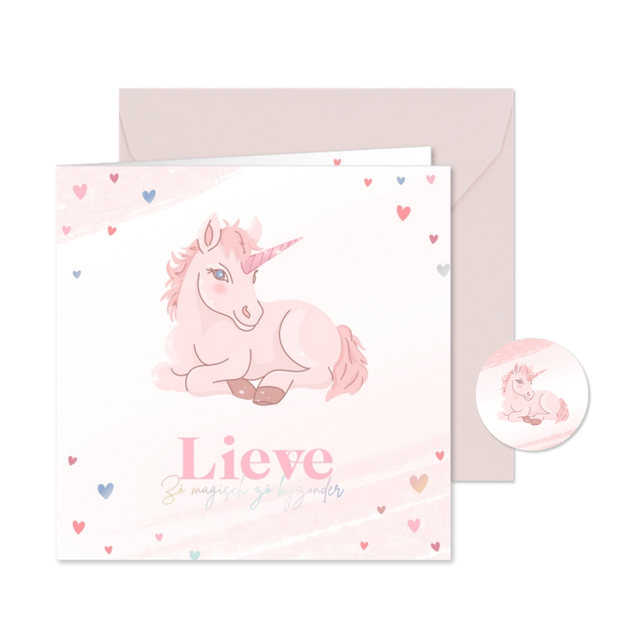 Schattig roze geboortekaartje met eenhoorn veulentje - Kaartimpressie