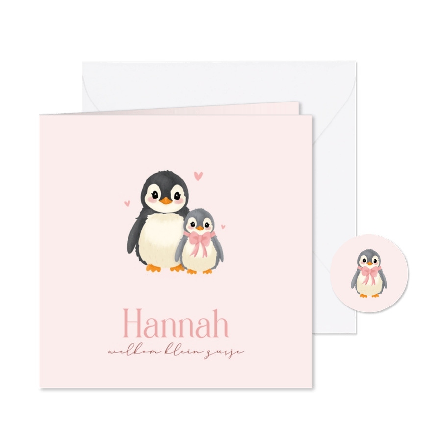 Schattig roze geboortekaartje pinguin een zusje - Kaartimpressie
