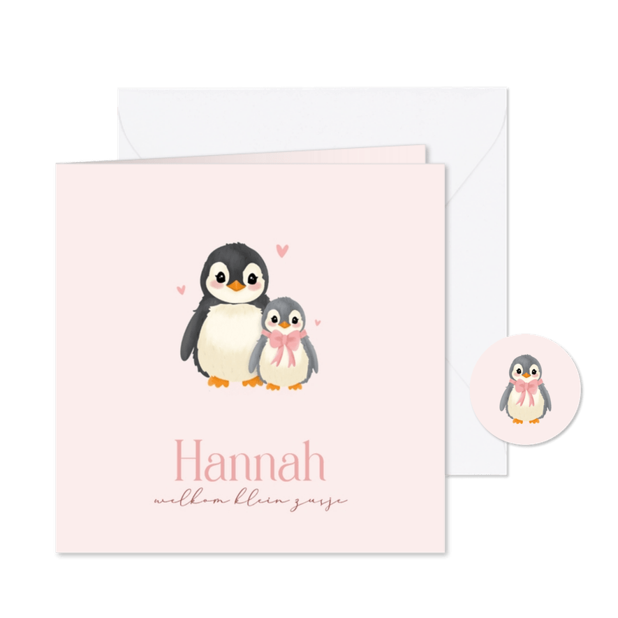 Schattig roze geboortekaartje pinguin een zusje - Kaartimpressie
