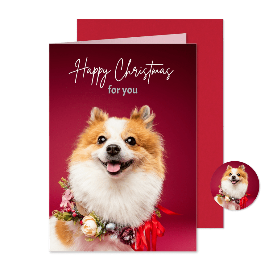 Schattig vrolijke kerstkaart pomsky met kerstkrans om - Kaartimpressie
