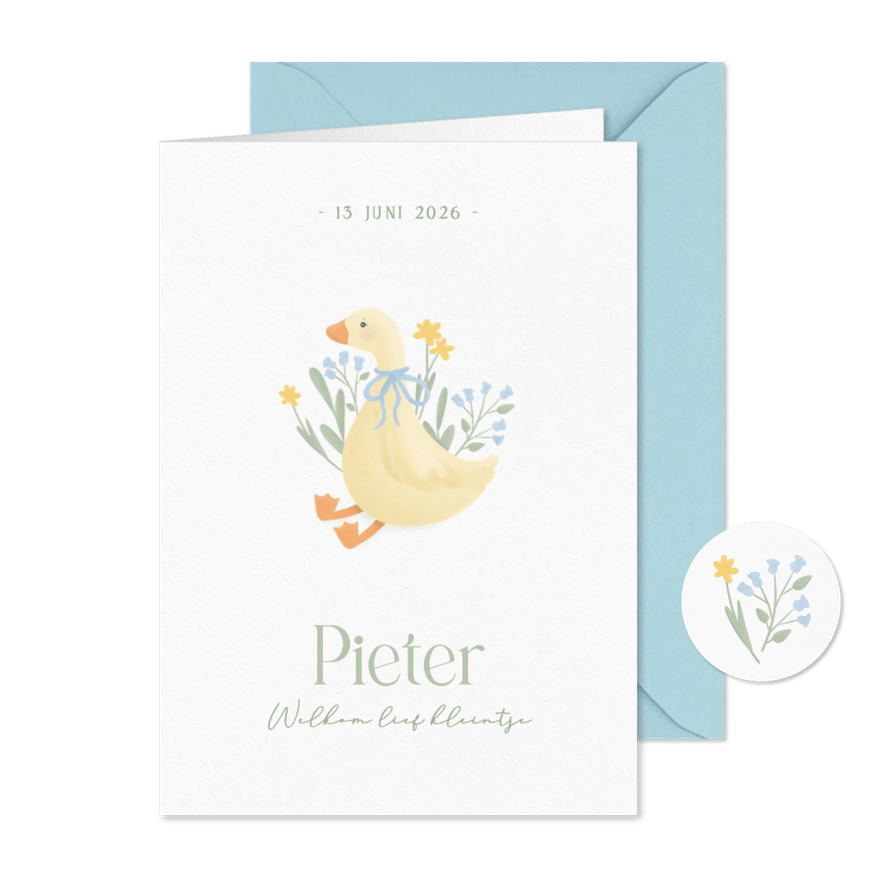 Schattig wit geboortekaartje jongentje met gansje en bloemen - Kaartimpressie