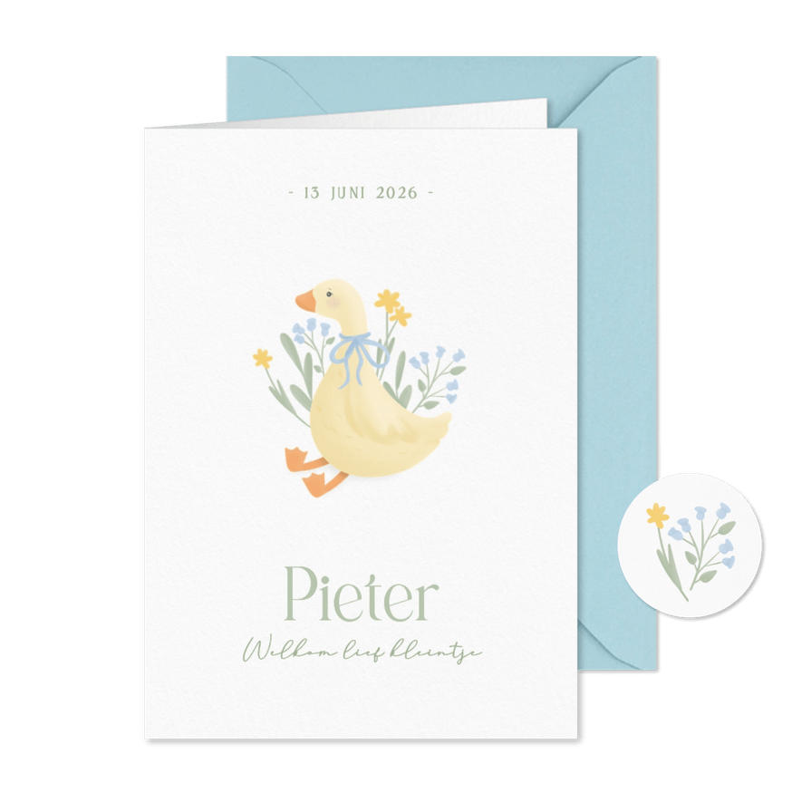 Schattig wit geboortekaartje jongentje met gansje en bloemen - Kaartimpressie