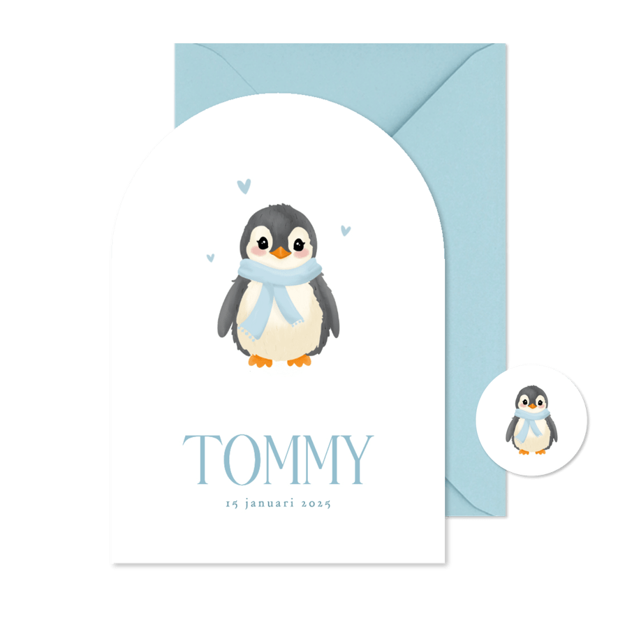 Schattig wit geboortekaartje met pinguin boogvorm - Kaartimpressie